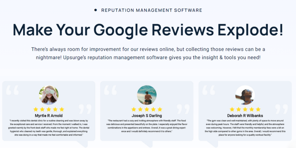 Web page showcasing reputation management software with customer testimonials.