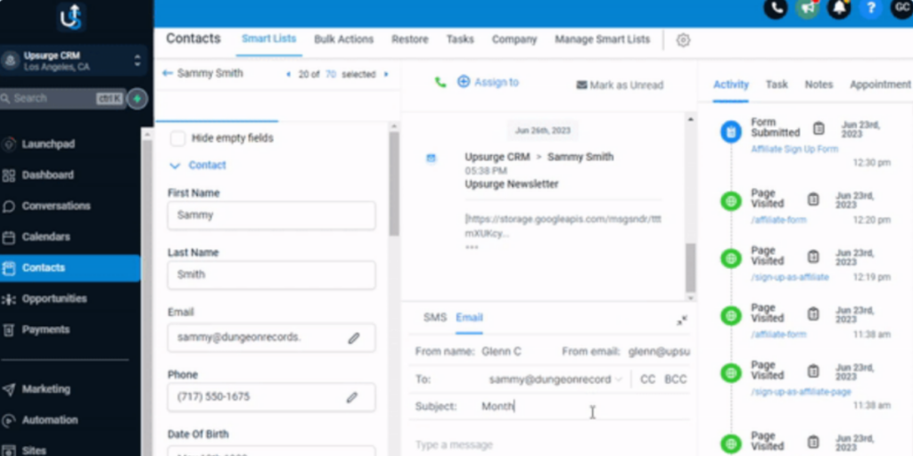 A screenshot of a customer relationship management (crm) software interface showing contact details and communication history.