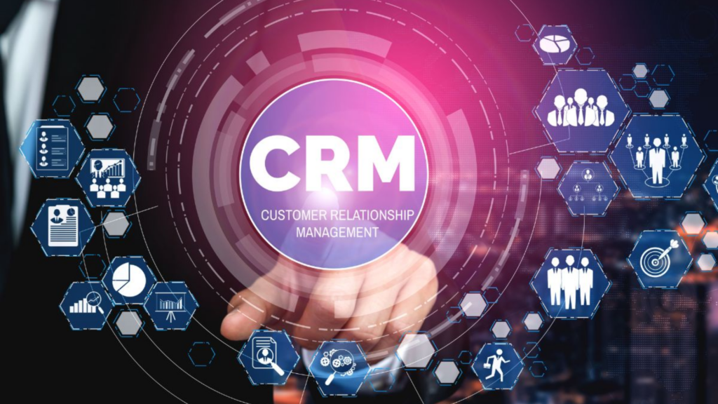 Illustration showing a person pointing at a digital interface displaying "CRM Customer Relationship Management" surrounded by various related icons.