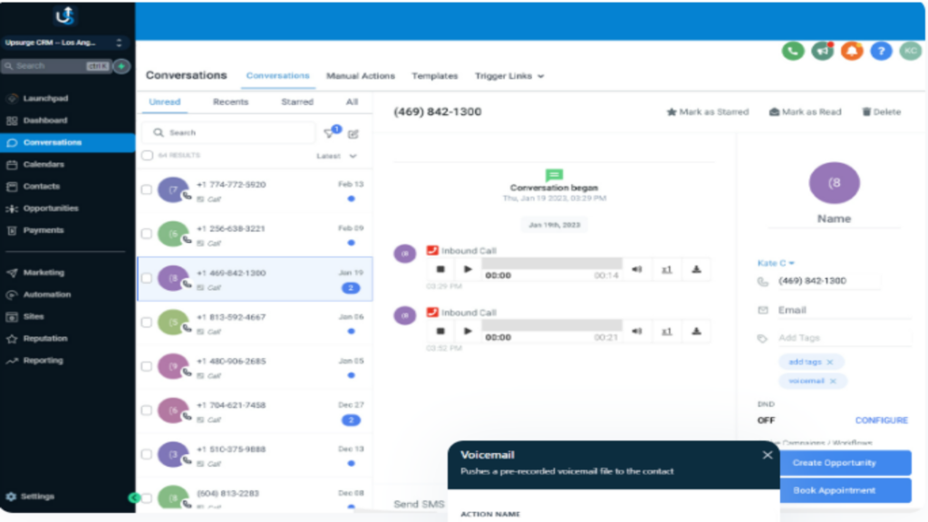 A screenshot of a CRM interface showing a conversation log on the Conversations tab. It lists call details with timestamps, notes, and options to create an opportunity or book an appointment.