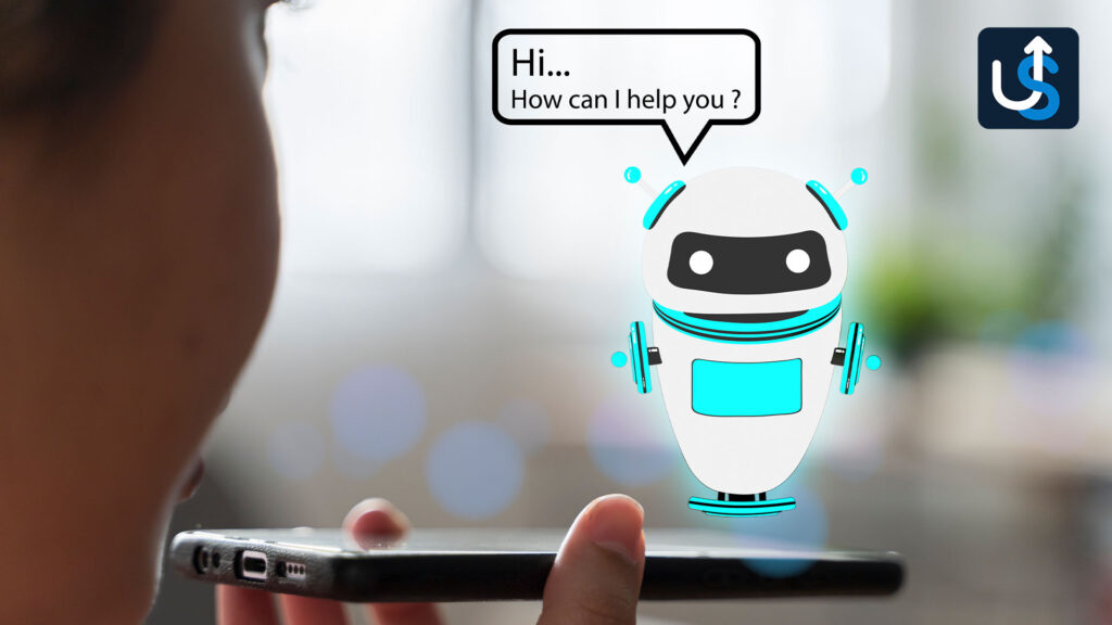 Person speaking into a smartphone with an animated robot asking, "Hi... How can I help you?" in a speech bubble. The robot is white with blue accents and has a digital interface.