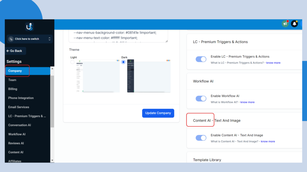 A settings interface with various options such as Company, Workflow AI, Content AI - Text And Image. The Company section is highlighted in the sidebar, and toggles for Workflow AI and Content AI are visible on the right.
