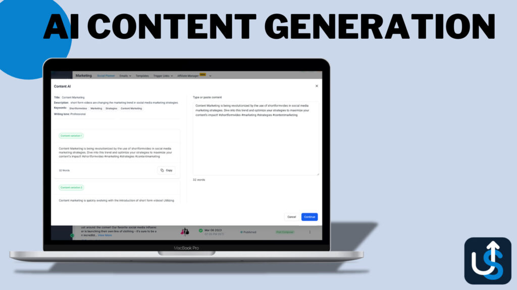 A laptop displaying content generation software on the screen, with the text "AI Content Generation" written above it against a light blue background. An arrow icon is also visible in the bottom right corner.