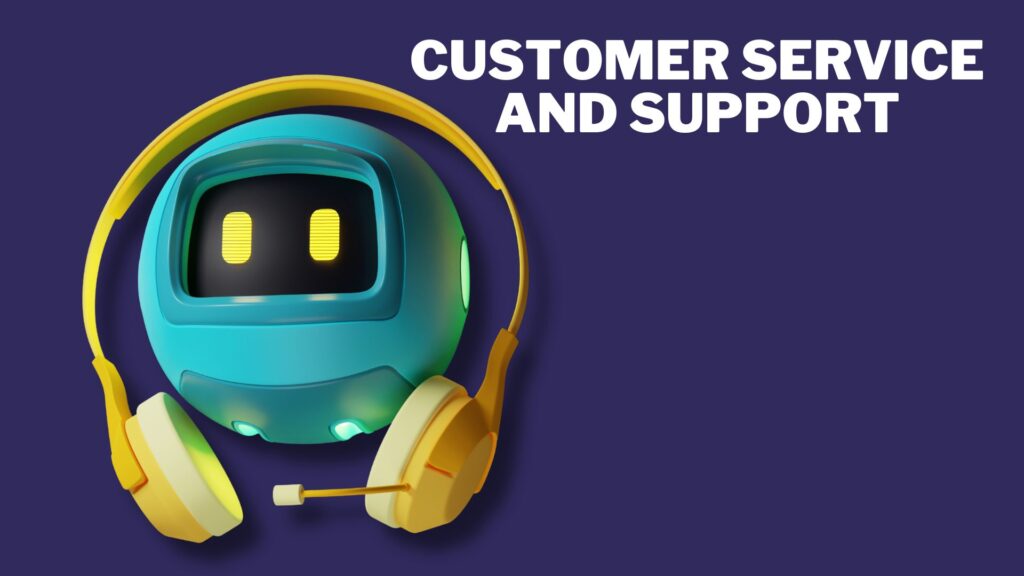 A blue robot head wearing a yellow headset is placed next to white text that reads "Customer Service and Support" on a dark blue background.
