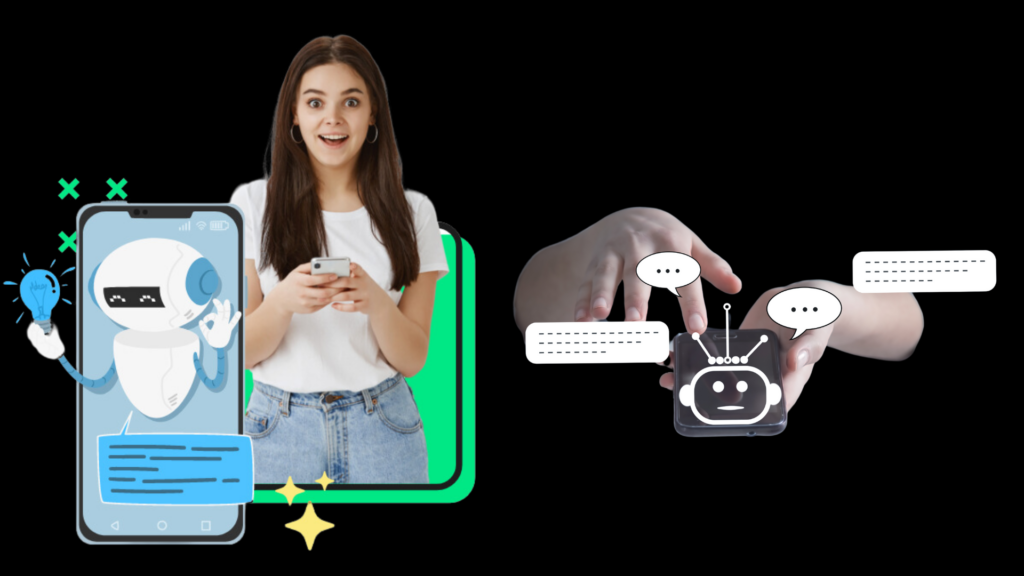 A woman holds a smartphone, appearing delighted, with an illustration of a robot on her screen. Next to her, two hands hold another device displaying a chatbot interface.