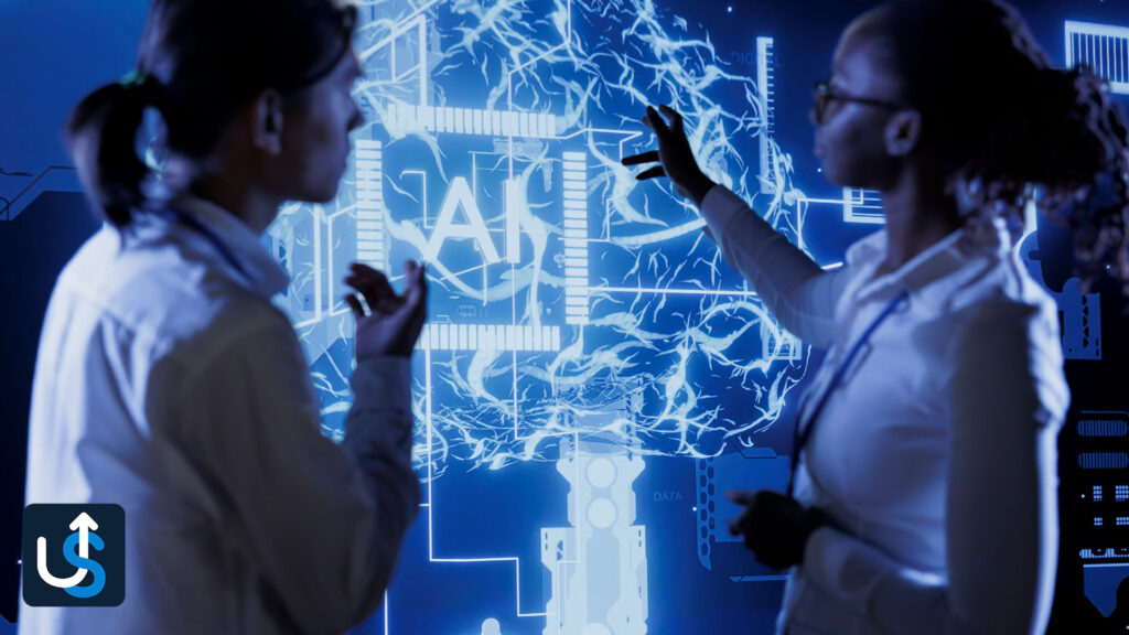 Two individuals discuss while one points to a digital screen displaying an artificial intelligence (AI) concept with neural networks and circuitry.