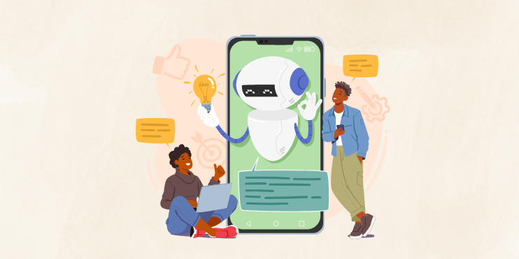 An illustration of a robot emerging from a smartphone screen, holding a light bulb, with one person seated on the left using a laptop and another person standing on the right using a smartphone.