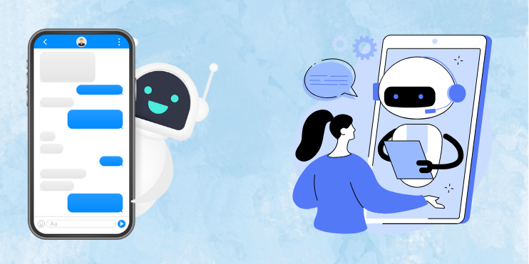 Illustration of a chatbot on a smartphone screen and a woman interacting with a robot on a tablet screen.