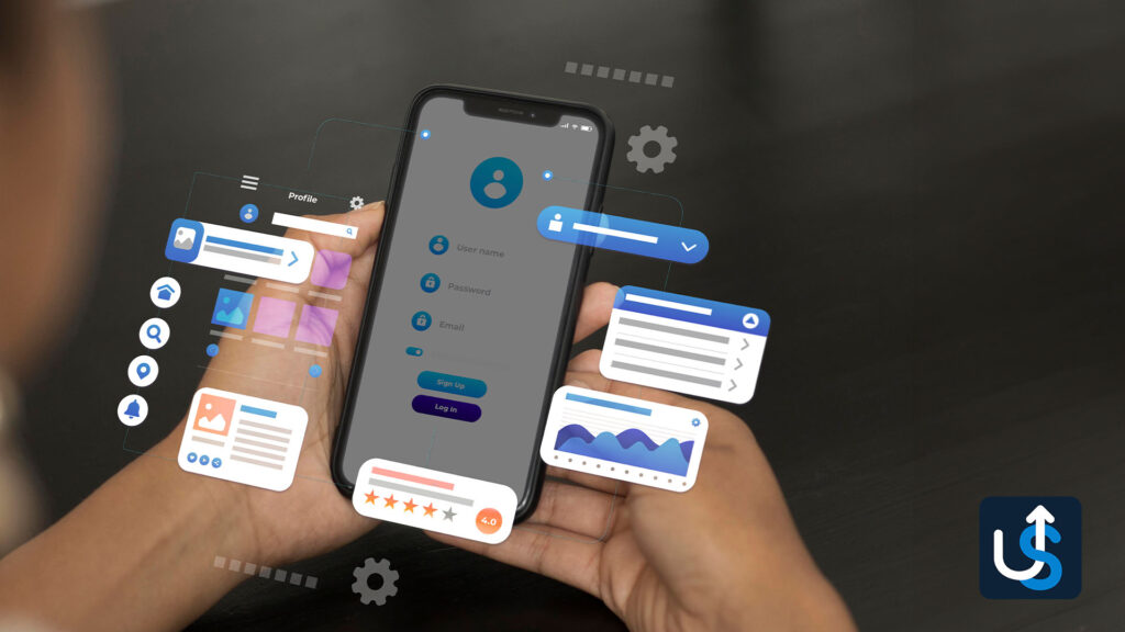 A person holds a smartphone displaying a user interface with various graphical elements and data visualizations hovering around it.
