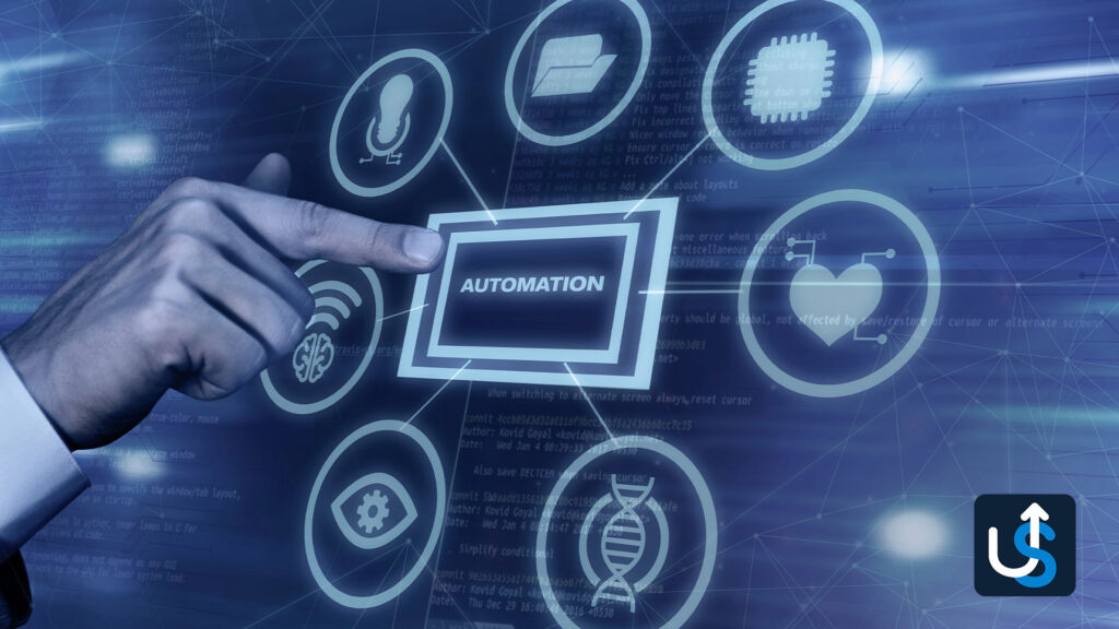 A hand points to a screen displaying the word 'Automation' surrounded by various technology icons, such as a microphone, folder, chip, and Wi-Fi.