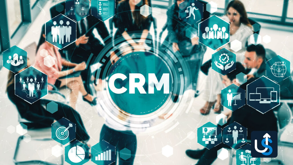 Group of people in a meeting with an overlay of various CRM (Customer Relationship Management) icons, including charts, people, and devices.