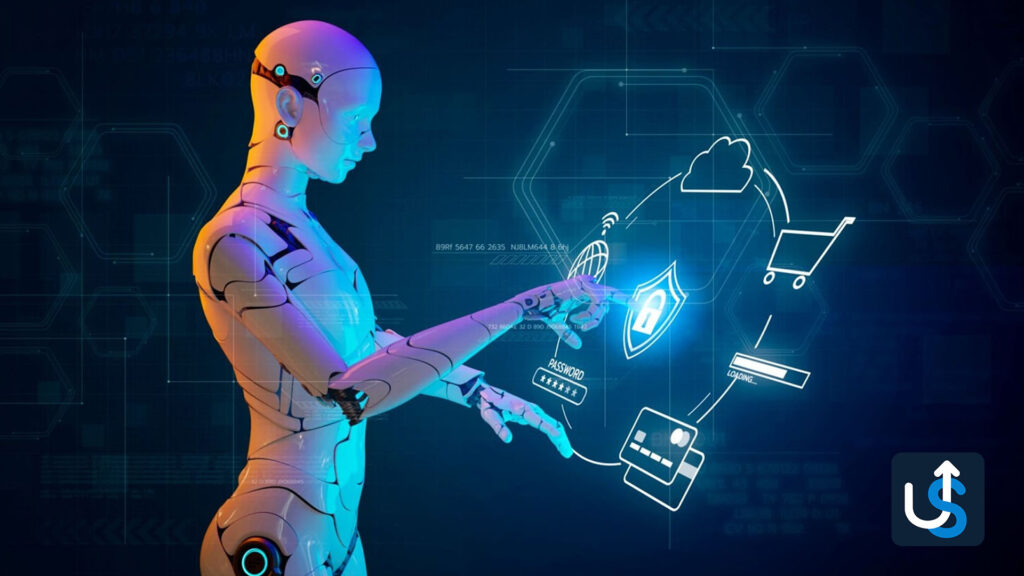 A humanoid robot interacts with a virtual interface, displaying a cloud icon and various data security symbols on a dark blue background.