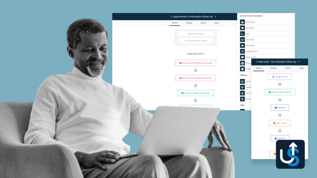 A person smiling while using a laptop, with workflow diagrams and a list of email communications displayed on screens in the background.