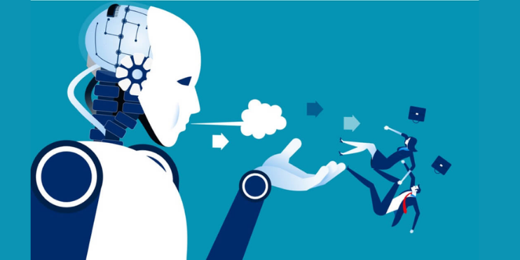 A white robot blowing digital symbols from its hand, with small business people being carried away by the breeze of symbols. The background is blue.