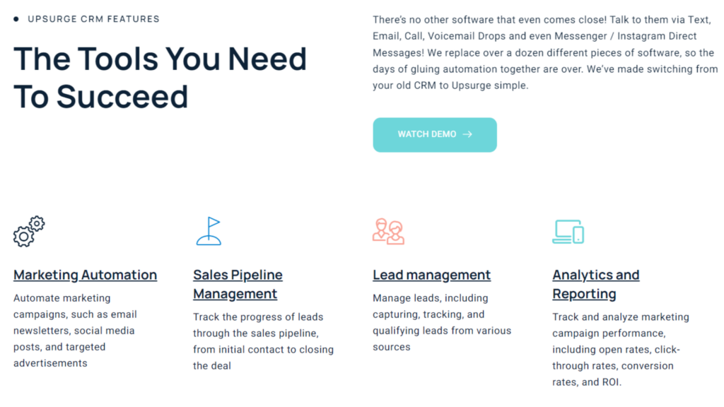 Screenshot of Upsurge CRM Features webpage highlighting four tools for success: Marketing Automation, Sales Pipeline Management, Lead Management, and Analytics and Reporting, each explained with brief descriptions.
