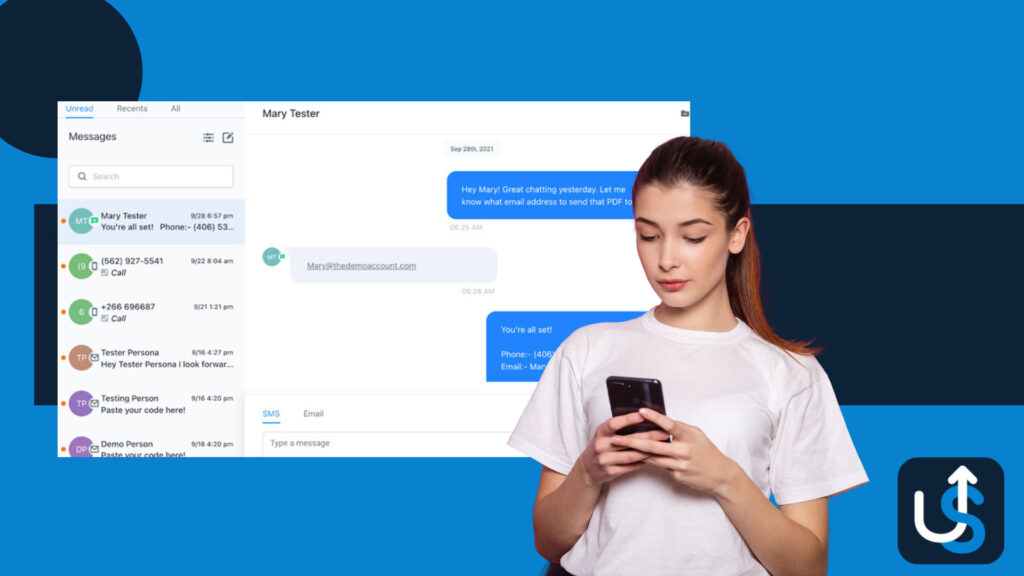 A woman in a white shirt looks at her smartphone. Behind her is a screenshot of a messaging app showing a conversation about contact information.