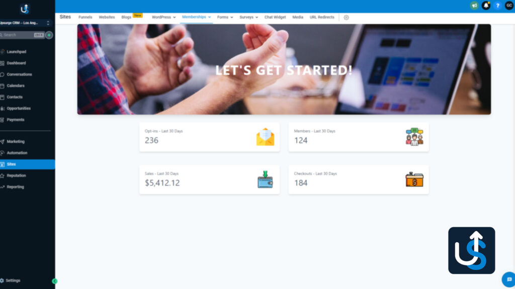 A computer screen displaying a dashboard with website analytics. Metrics include Opt-ins (236), Members (124), Sales ($5,412.12), and Checkouts (184). Header text says &quot;LET&#039;S GET STARTED!&quot;.