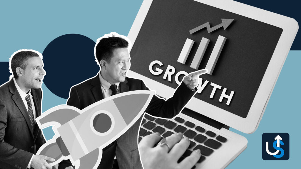 Two men in suits discuss growth in front of a laptop displaying a growth chart, with one holding a rocket prop. A hand types on the keyboard, and a business logo is in the corner.