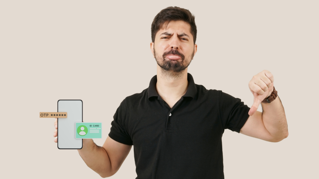 A man in a black shirt holds a smartphone and an ID card illustration while giving a thumbs-down gesture, implying dissatisfaction.