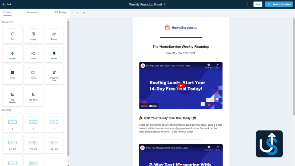 Screenshot of an email design interface showcasing a newsletter from HomeService.co, highlighting sections on roofing lead trials and text messaging services. The sidebar offers various design element options to customize your CRM for agency communications.