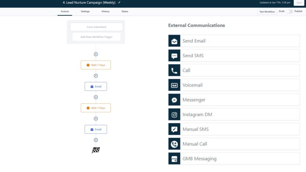 Screenshot of a lead nurture campaign interface showing workflow triggers and external communication options, including email, SMS, call, voicemail, messenger, Instagram DM, and GMB messaging.
