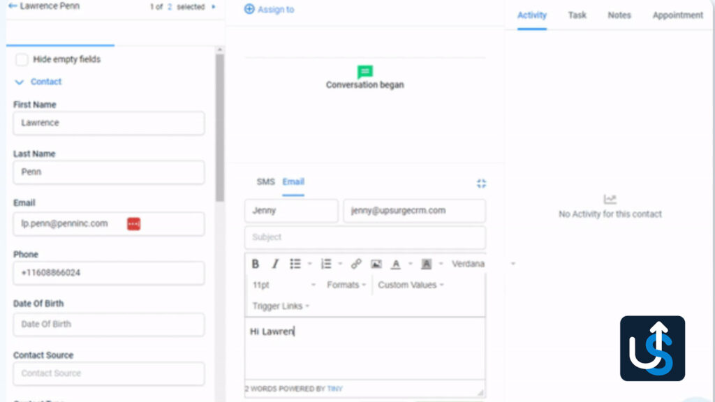 A screenshot of a CRM for Agency software interface shows a user's contact form being edited. The form fields include first name, last name, and email. A message is being composed in the activity section.