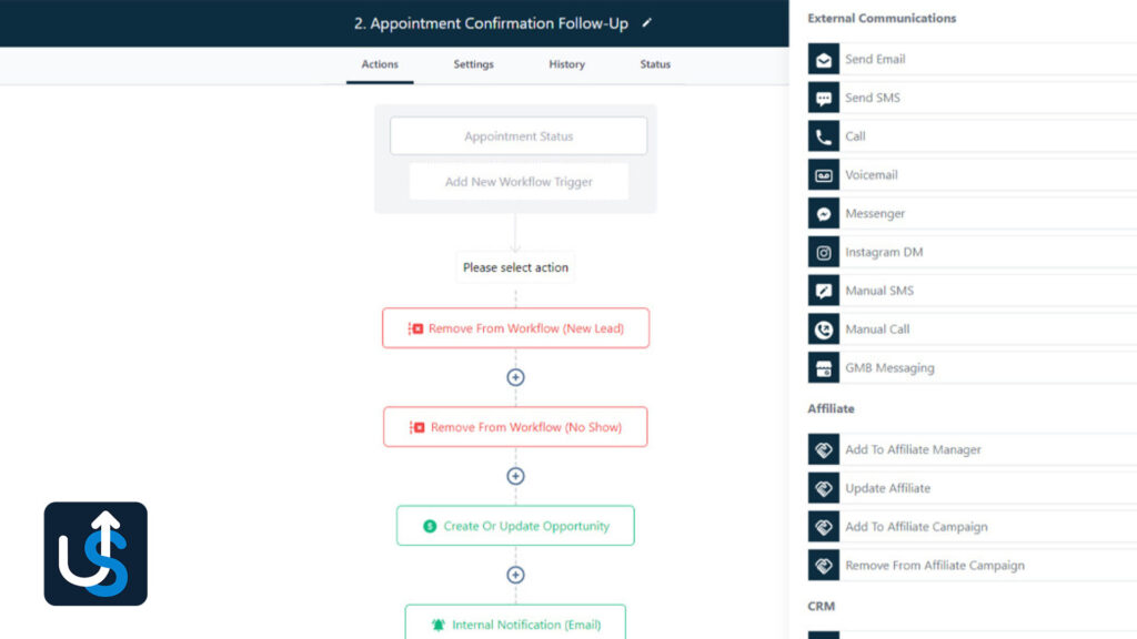 Screenshot of a CRM For Agency workflow automation interface showing appointment confirmation follow-up steps with actions including status updates, creating opportunities, sending emails, and various external communications.