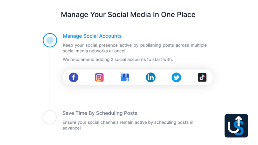 A guide for managing social media accounts with icons for Facebook, Instagram, Google+, LinkedIn, Twitter, and TikTok, and a section on saving time by scheduling posts in advance.