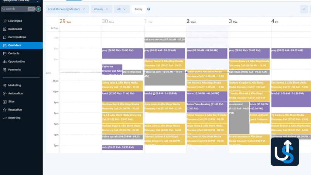 A digital calendar showing a weekly schedule packed with various events color-coded in orange, purple, and gray blocks, spanning from Sunday to Thursday, 8 AM to 5 PM. Navigation icons are visible on the side.