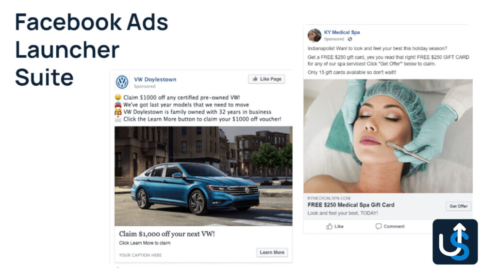 Two Facebook ads: One for VW Doylestown offering $1,000 off a new VW, showing a blue car outside a building. Another for KY Medical Spa offering a free $250 spa gift card, showing a woman with spa treatment.