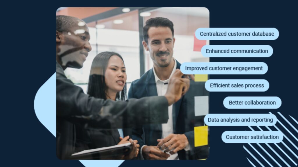 Three people stand in front of a transparent board covered with notes, discussing business strategies for CRM For Agency. Highlighted benefits include customer database, communication, engagement, sales, collaboration, analysis, and satisfaction.