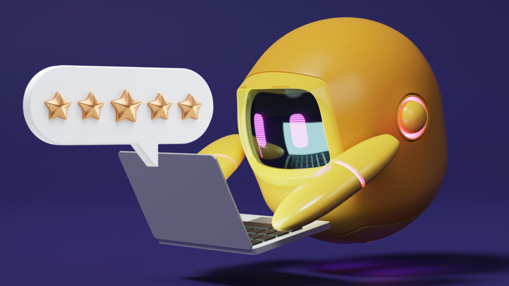 A yellow robot with a visor hovers and types on a laptop. A speech bubble shows a five-star rating. The background is a solid dark blue.