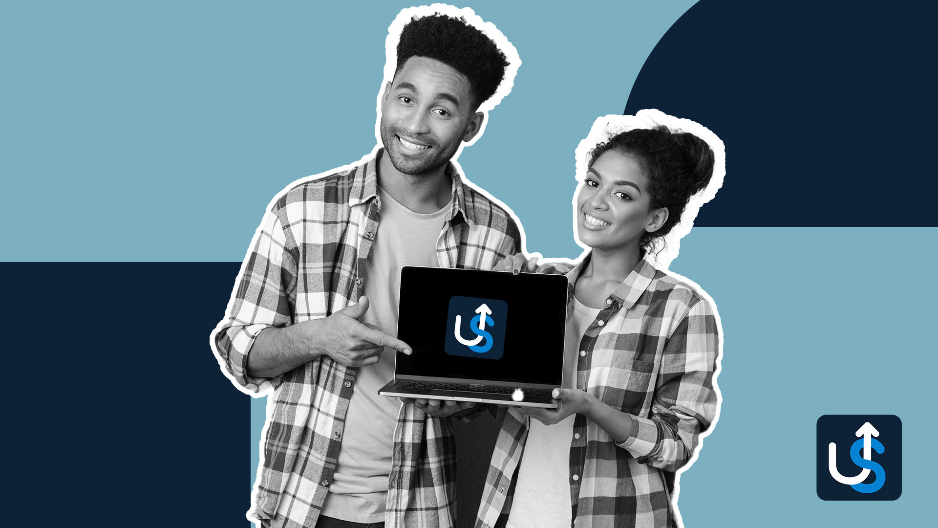A man and woman, both dressed in plaid shirts, smile as they hold up an open laptop displaying a logo with a "U" and an arrow on the screen. Another smaller version of the logo is in the bottom right corner.