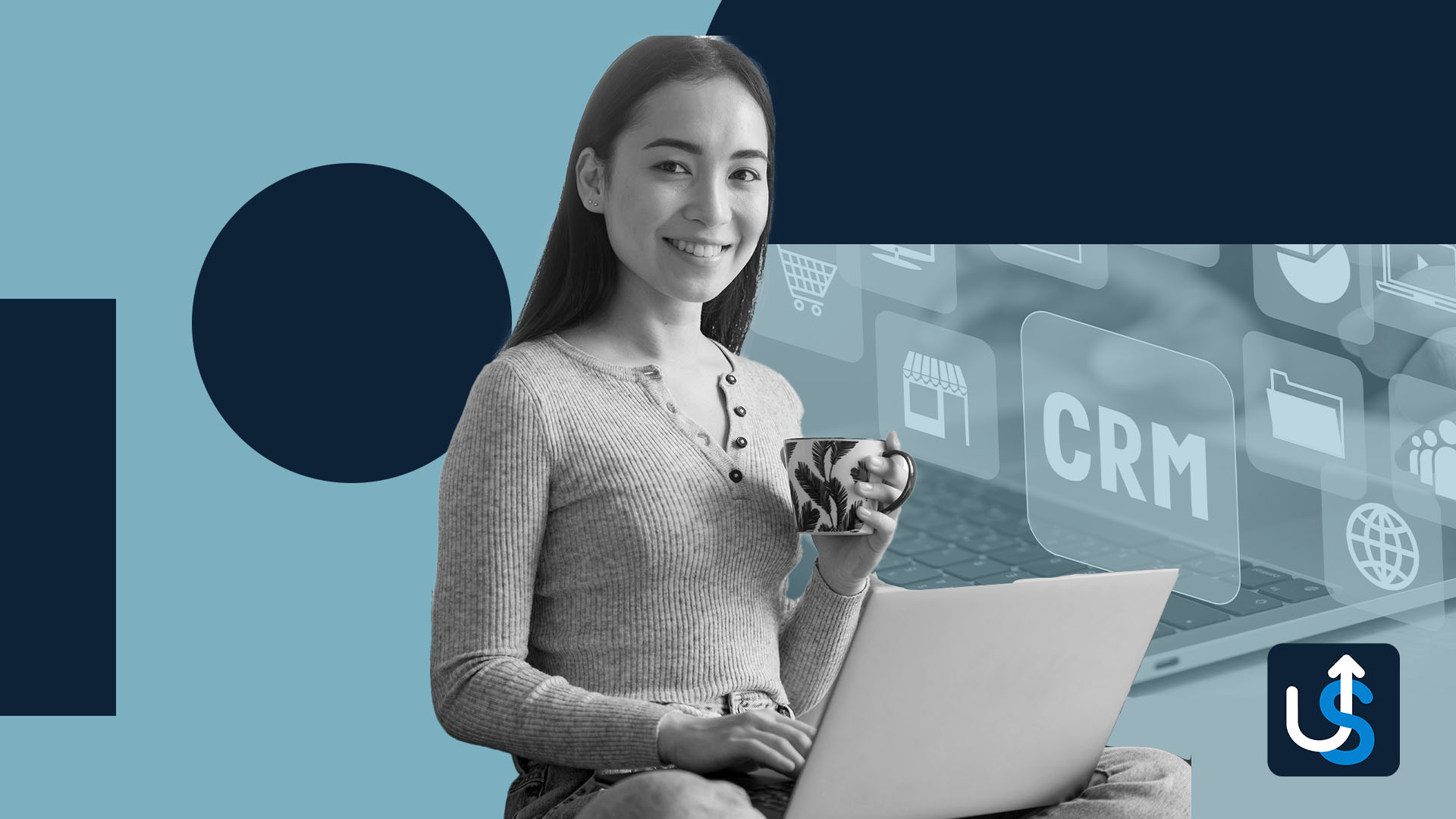 A person sitting with a laptop and holding a mug, with CRM icons overlaying a background of digital elements. The visual design includes blue and grey geometric shapes.
