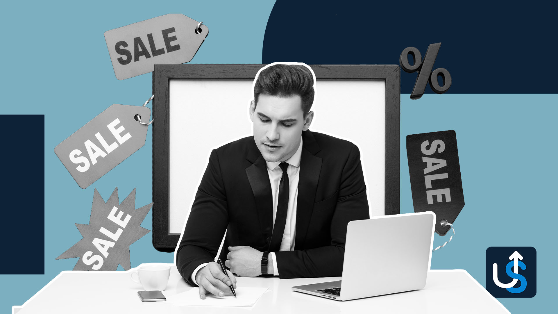 A man in a suit writes on paper at a desk with a laptop. Background features sale tags and a percentage symbol on a blue and grey backdrop.