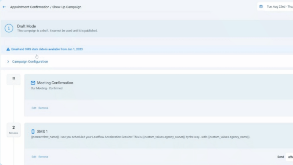 Screenshot of a campaign management interface showing that the campaign is in draft mode. It includes sections for email and SMS data availability, meeting confirmation, and an SMS message template.