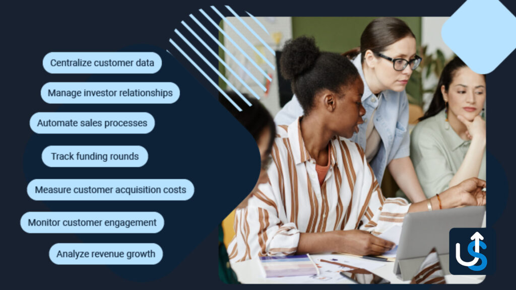 A group of people working together at a table with text overlay listing various business tasks such as centralizing customer data, managing investor relationships, and analyzing revenue growth.