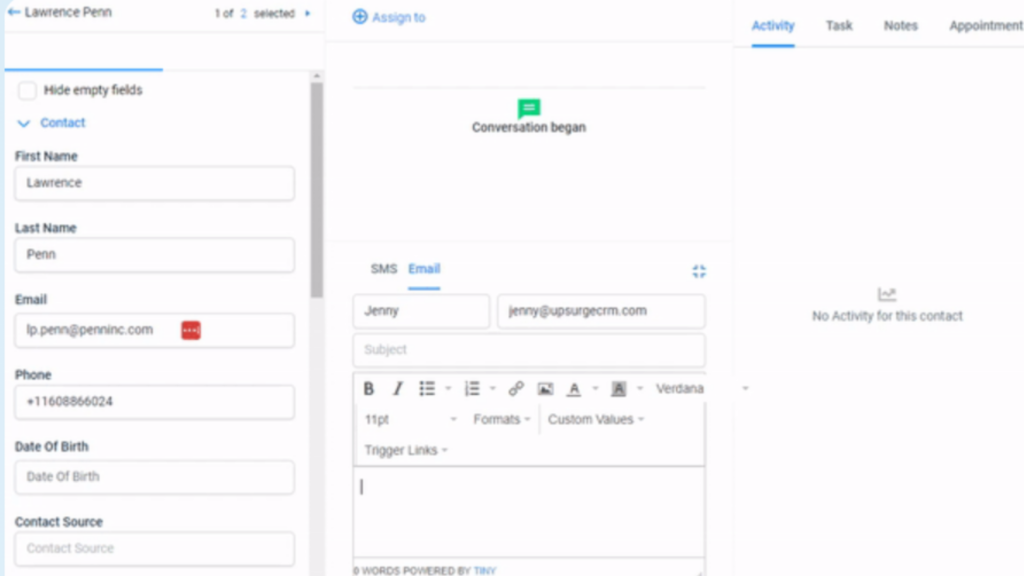 Screenshot of a contact management interface showing details for Lawrence Penn. Fields include name, email, phone, and date of birth, with an SMS and email editor on the right.