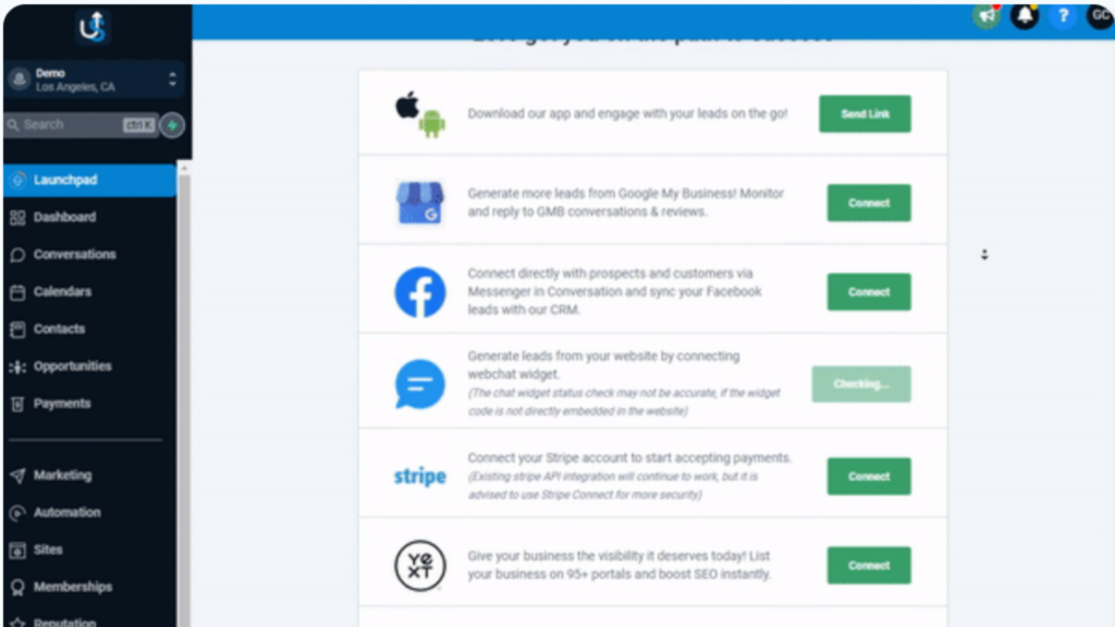 Screenshot of a dashboard displaying options to connect various services, like Apple, Facebook, and Stripe, each with a corresponding "Connect" button.