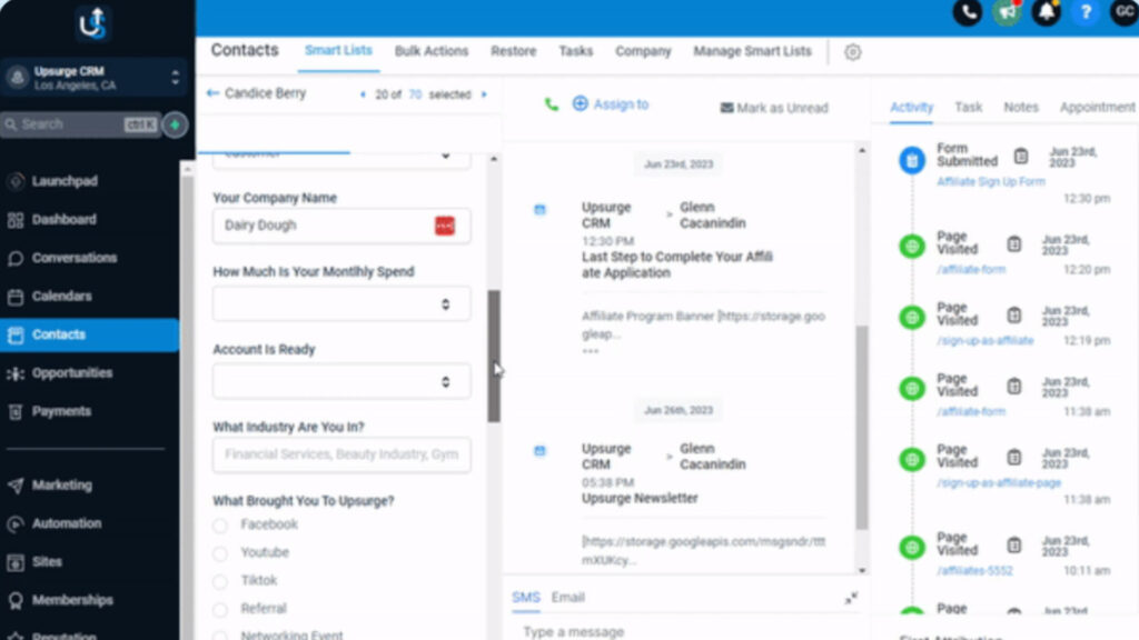 Screenshot of a user interface showing contact management software with fields for name, company, industry, and monthly spend. The right side displays message logs and contact assignment options.