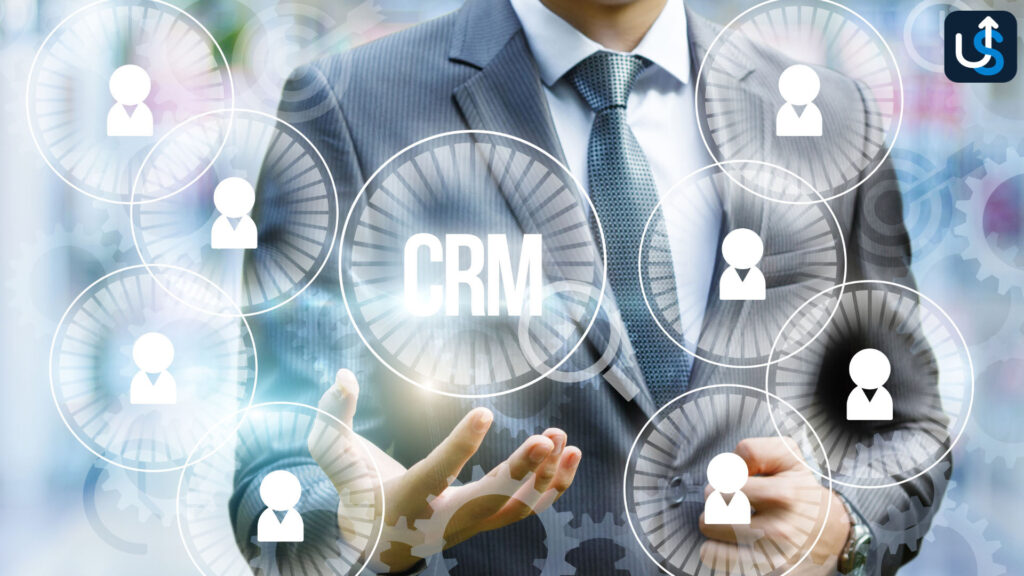 A person in a suit stands with their hands open. "CRM" is highlighted, surrounded by icons of people connected by lines, symbolizing customer relationship management for Twitter integration.