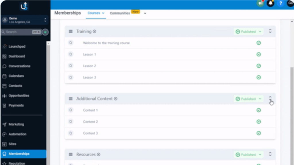 A dashboard screenshot showing course management with sections labeled "Training," "Additional Content," and "Resources," each with items marked as published.
