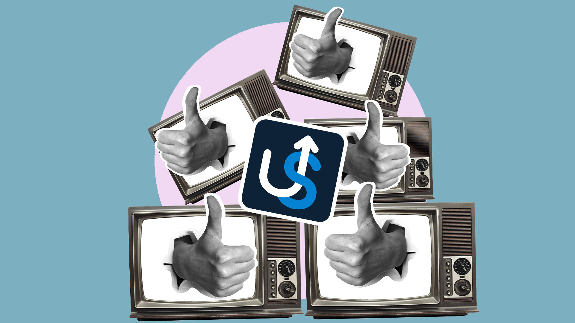 Collage of vintage TVs displaying thumbs-up symbols around an upward arrow icon on a blue and pink background.