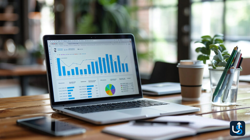 A laptop displaying financial graphs and charts sits on a wooden desk, surrounded by a plant, coffee cups, a smartphone, and notebooks—painting the ideal workspace often seen in bustling accounting firms.