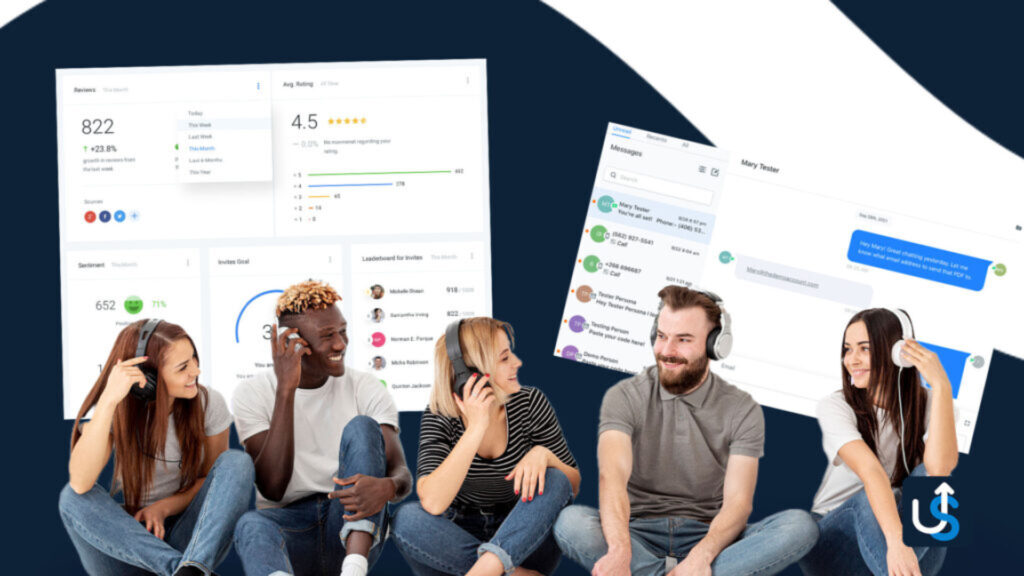 Four people sitting and wearing headphones, with data dashboards and chat screens in the background.