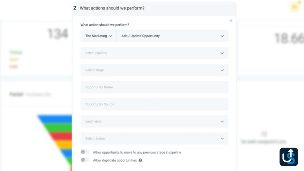 Software interface showing a form for performing marketing actions, including dropdown menus for pipeline, stage, and opportunity details, with options for duplicate opportunities.