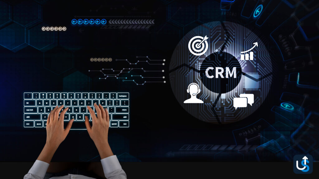 Hands typing on a keyboard as a digital display showcases CRM icons like target, graph, headset, and speech bubble, seamlessly integrating tools crucial for accounting firms against a sleek dark tech-themed background.