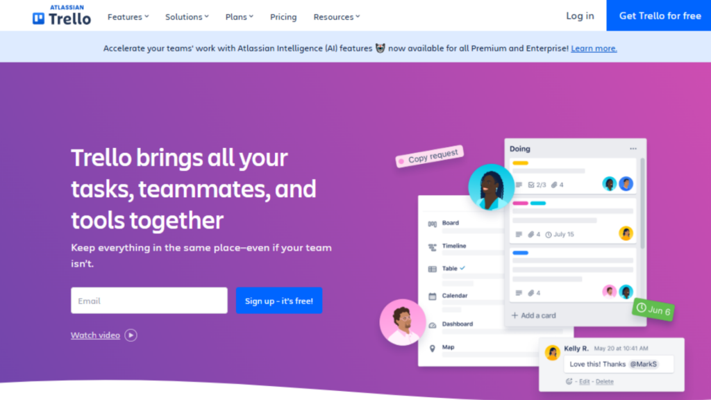 Trello homepage showcasing task management features with a login section, illustration of a project board, and user interaction notifications.