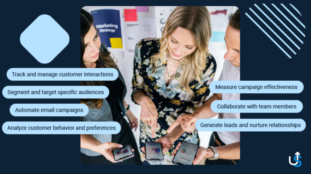 Three people looking at smartphones with text boxes around them showing marketing strategies, such as tracking customer interactions and automating email campaigns.