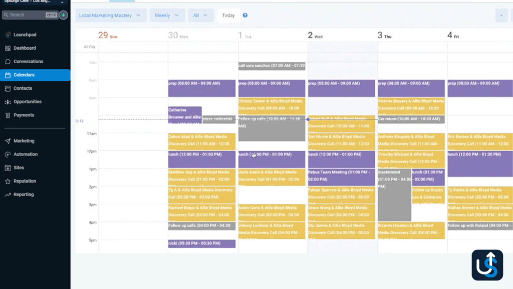 A digital calendar showing a weekly schedule with various color-coded events and meetings listed by time slots from Monday to Thursday.